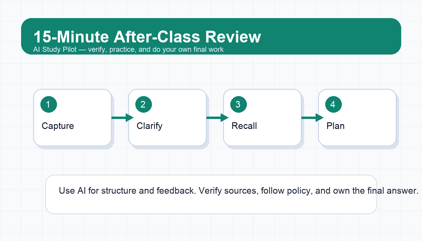 Flow diagram showing class notes becoming a summary, confusion list, recall questions, and next study block