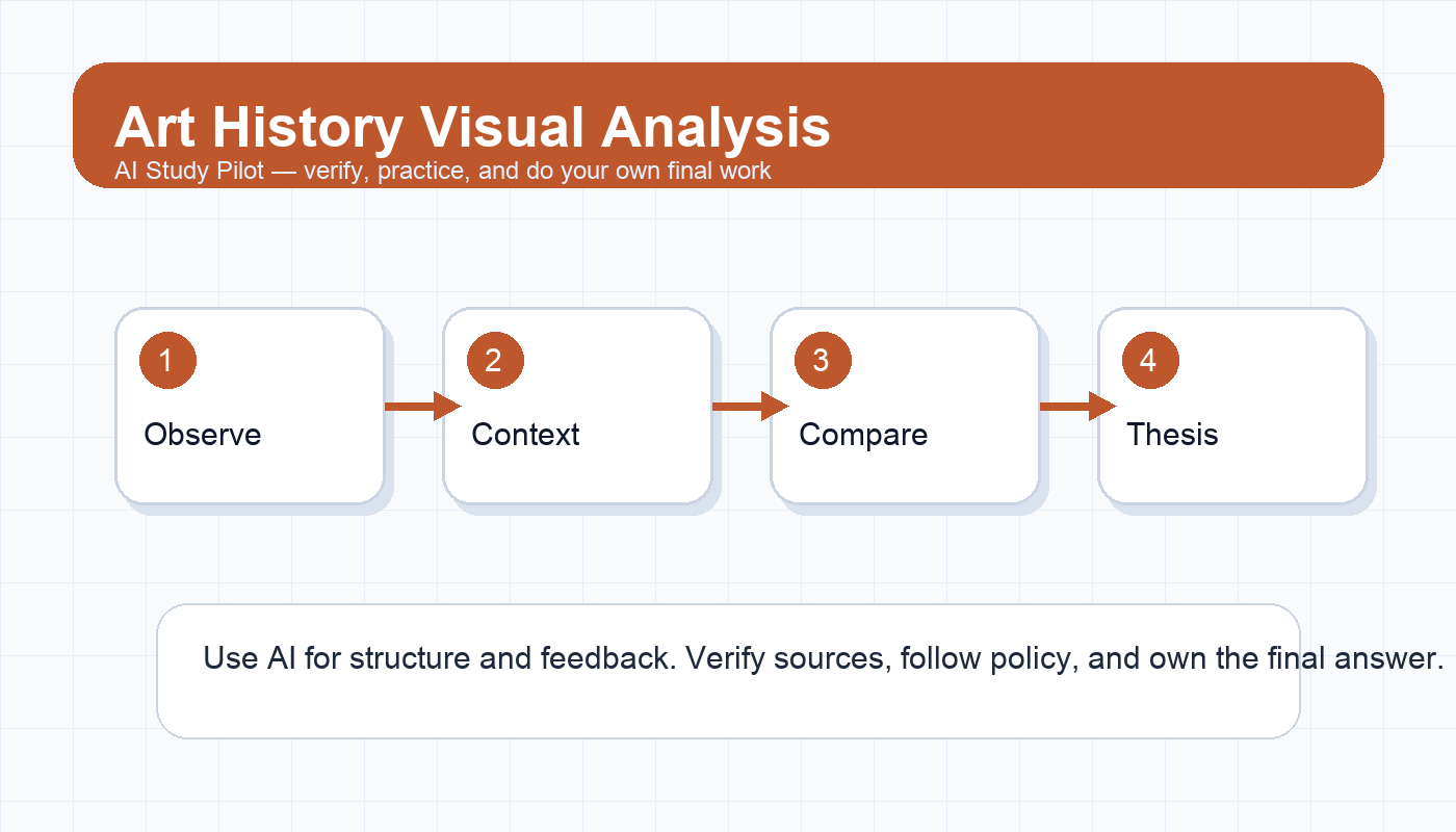 Workflow diagram showing artwork observation, context research, comparison, thesis practice, and source verification