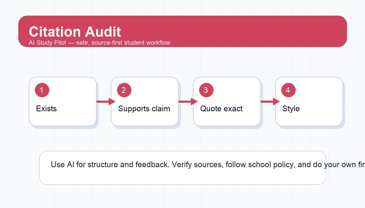 Checklist diagram showing source claim, original document, quote, citation format, and final submission checks