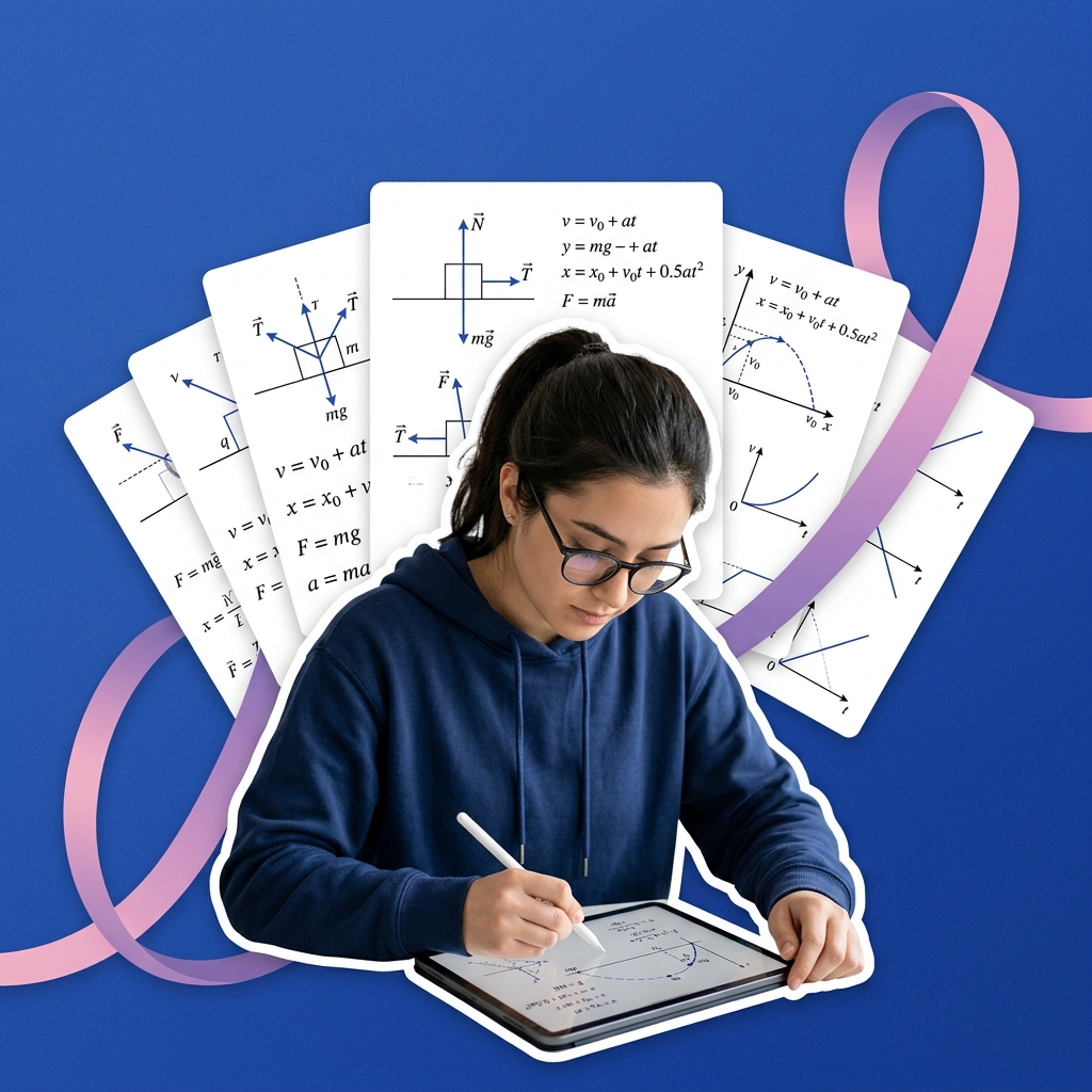 College student using AI as a physics kinematics and free-body diagram study helper safely