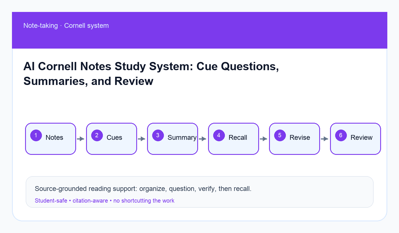 Workflow diagram for adding AI cue questions and review prompts to Cornell notes