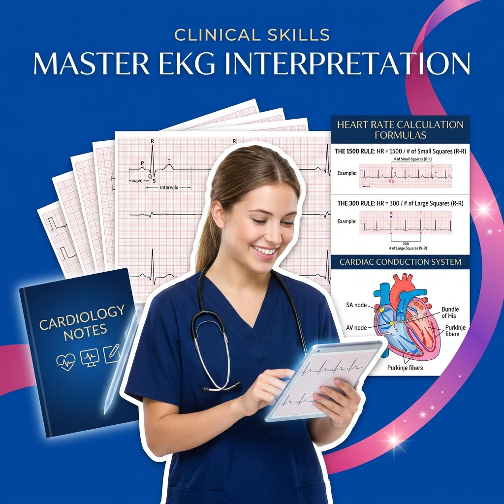 Nursing student using AI as a Socratic coach to analyze EKG wave intervals and trace heart rates safely