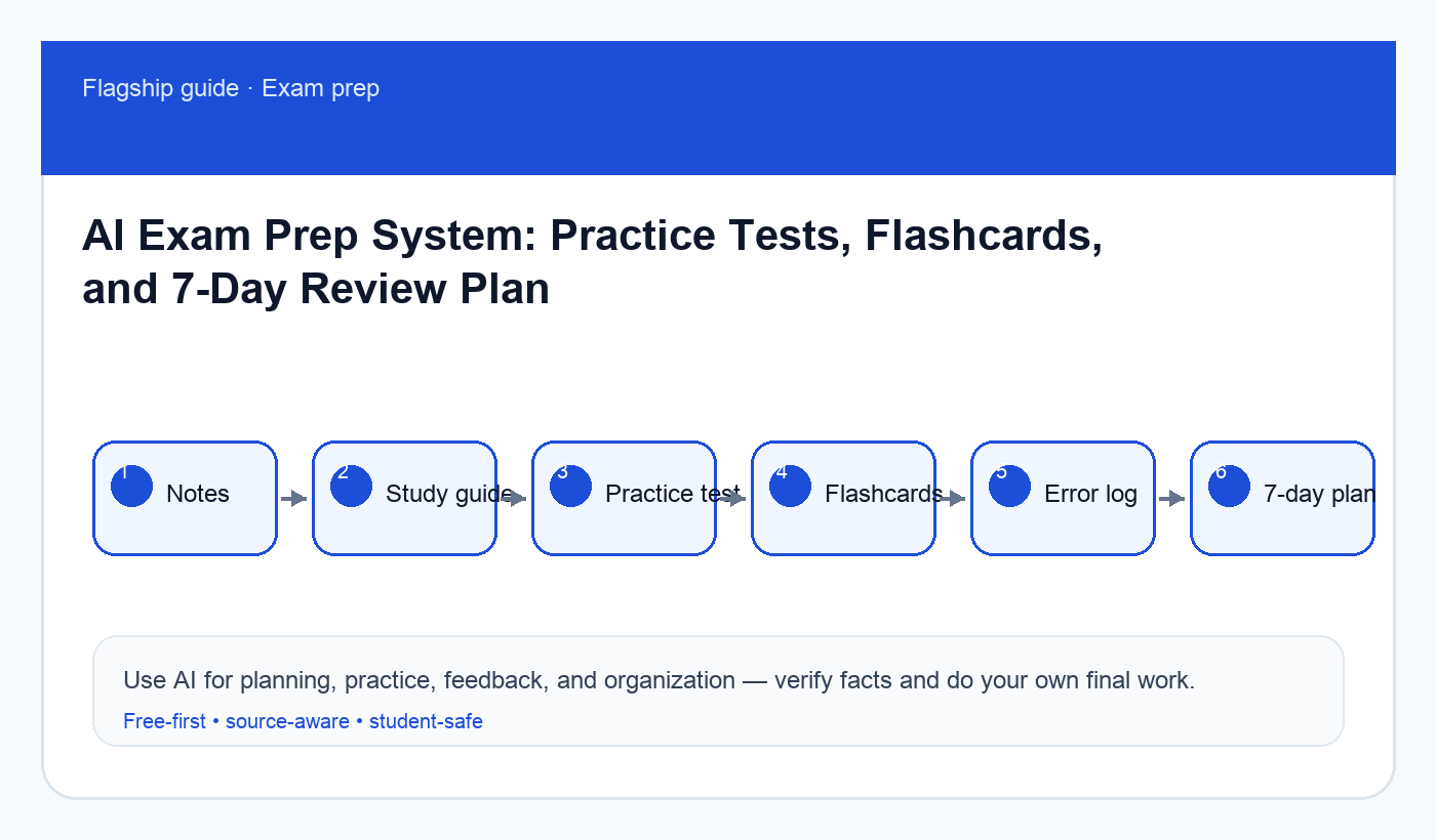 Workflow diagram for turning notes into a study guide, practice tests, flashcards, and a seven day AI exam prep plan