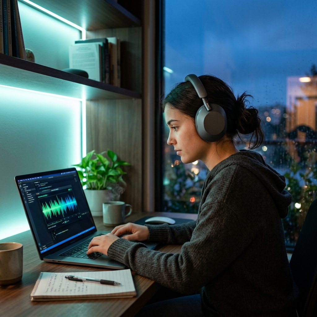 Focused college student using noise-cancelling headphones and AI focus ambient sounds for deep work