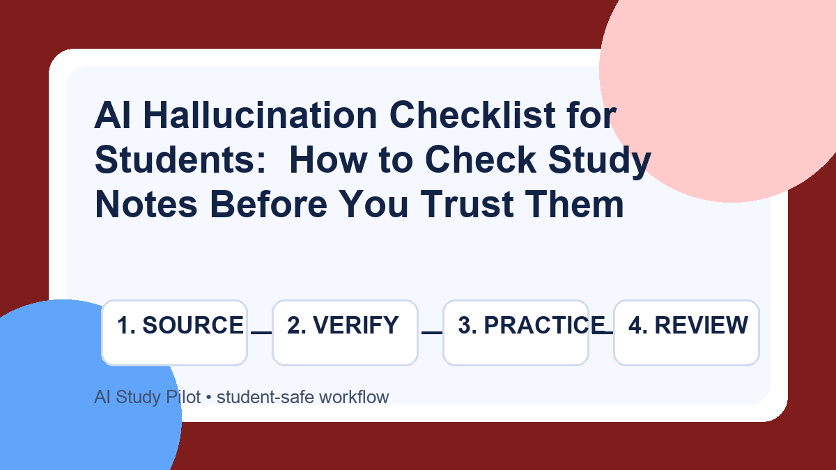 Student checklist for verifying AI study notes: source match, numbers, citations, formulas, uncertainty, and human review
