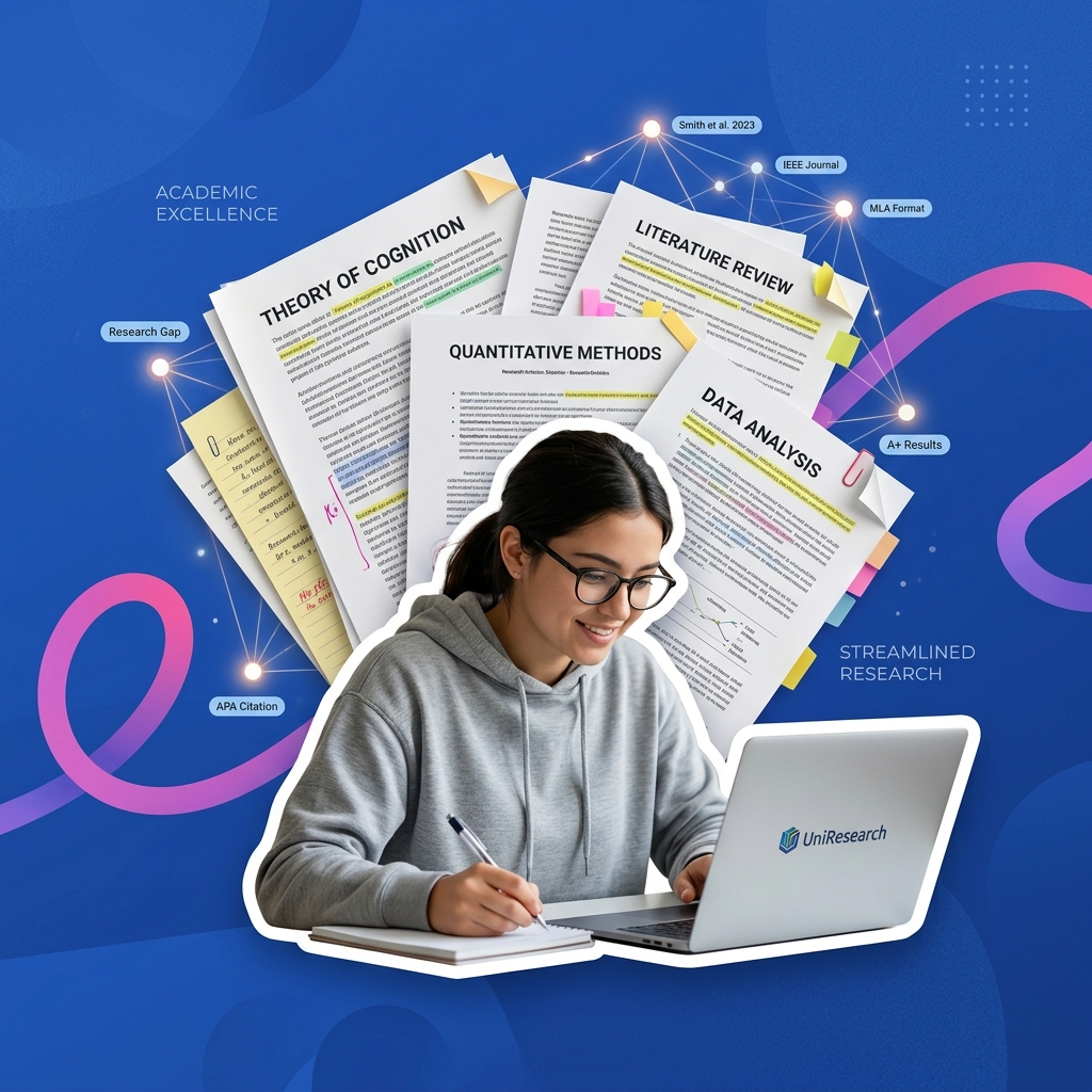 Focused college student using AI to map academic research citations