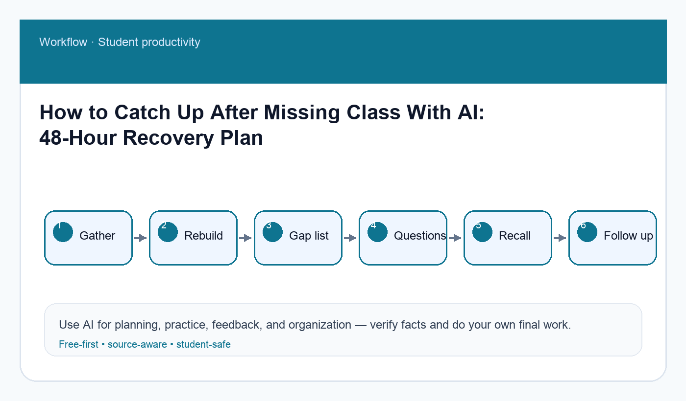 Forty eight hour missed class catch up workflow using AI to gather materials, find gaps, ask questions, and review