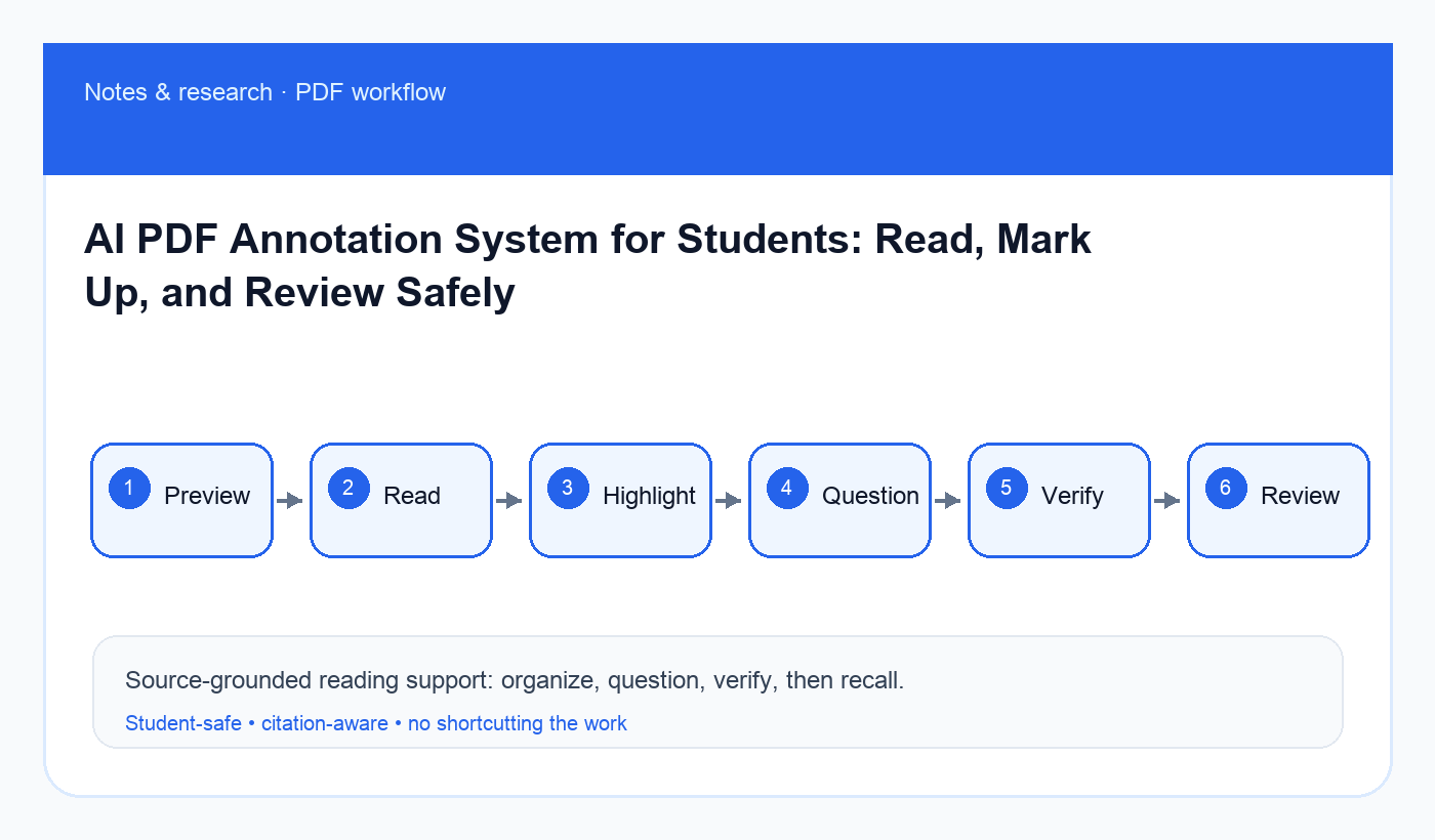 Workflow diagram for using AI to annotate PDF readings, verify highlights, and create review questions