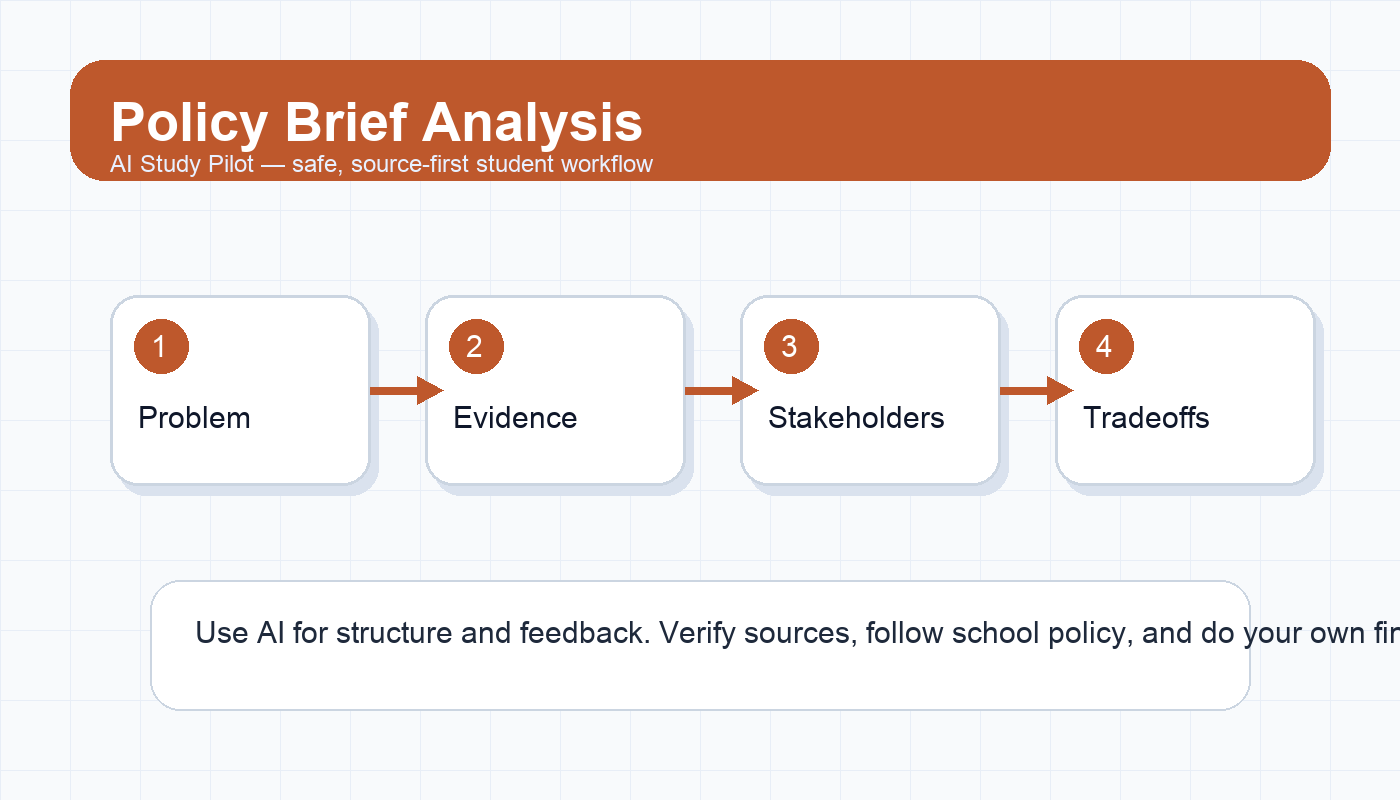 Diagram showing a policy brief analyzed through problem, evidence, stakeholders, tradeoffs, and student argument steps