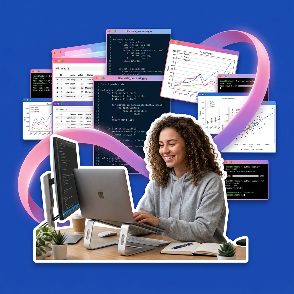 College student using AI as a Socratic programming coach to write Python code and analyze data safely
