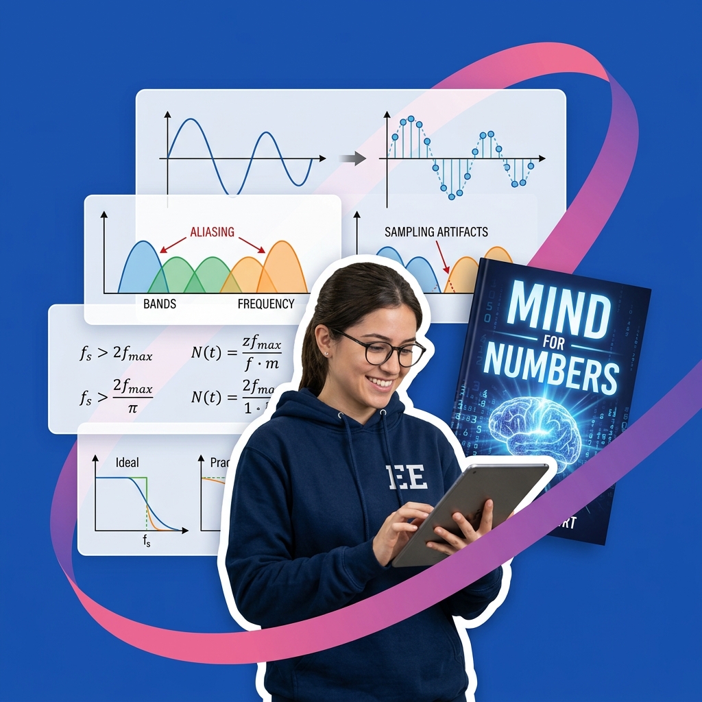 EE student analyzing frequency spectrum diagrams of sampled signals on a tablet and verifying Nyquist limits with Socratic AI