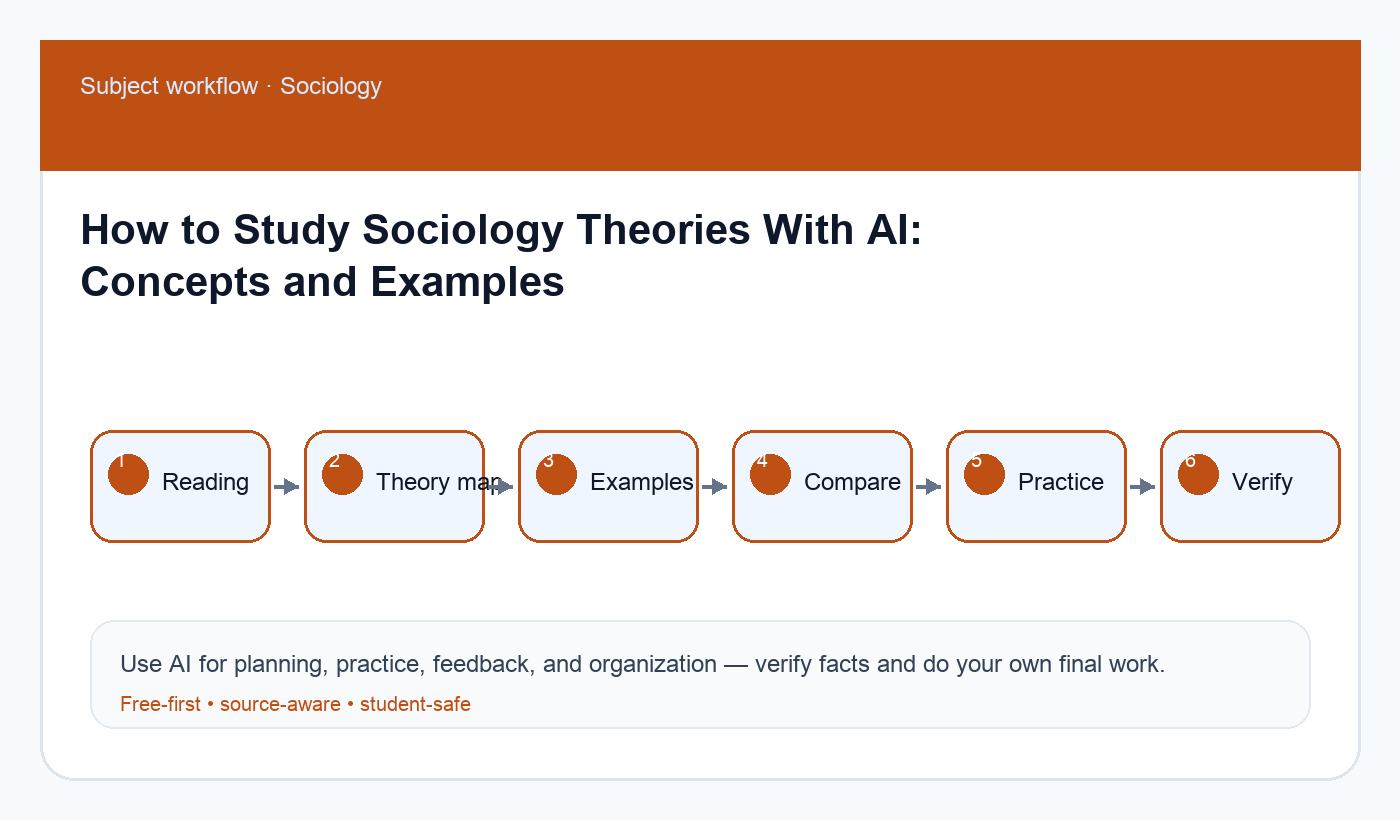 Sociology theory study workflow connecting readings, theory comparison, examples, practice answers, and verification