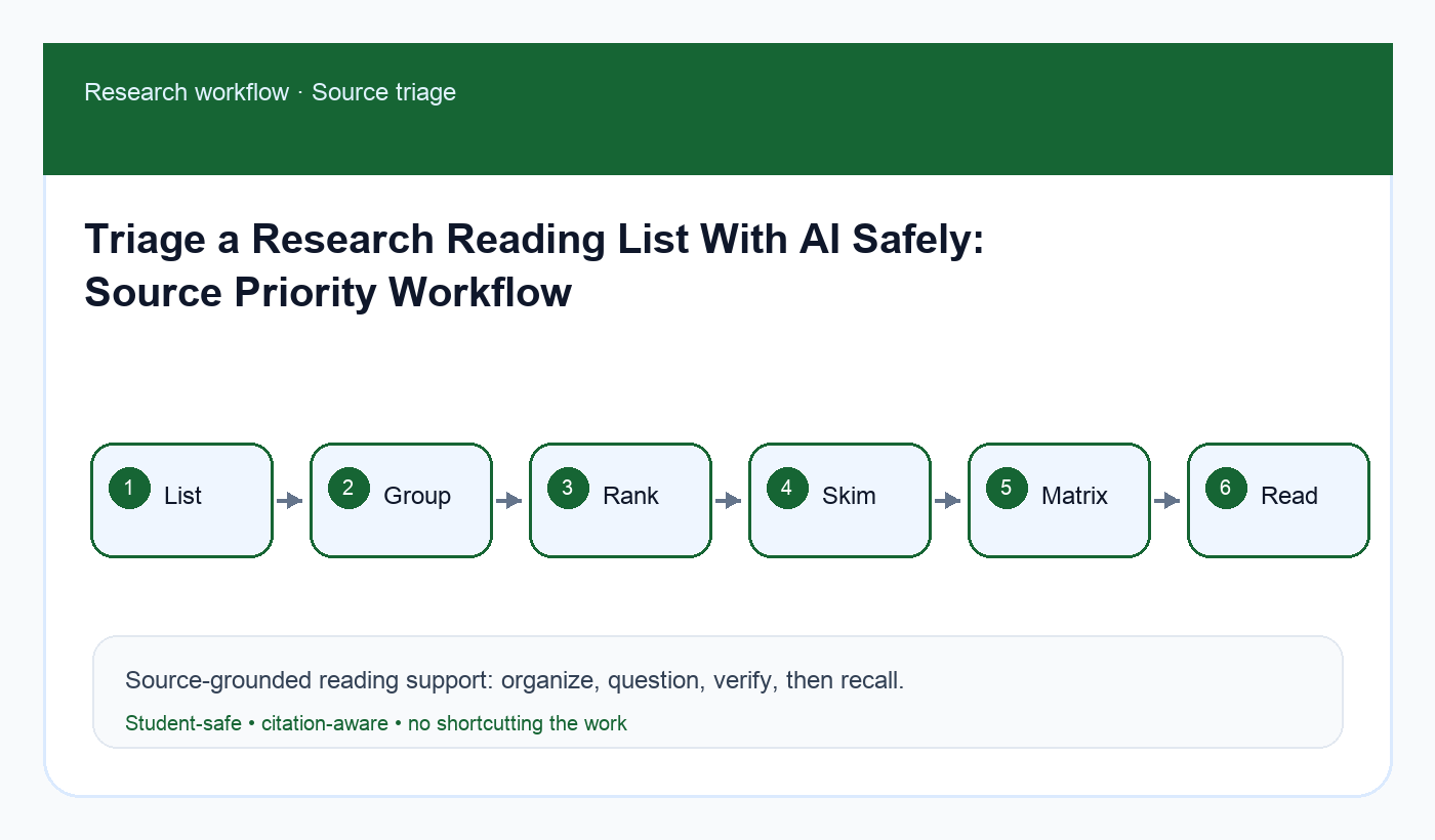 Workflow diagram for triaging a research reading list with AI while verifying credibility and relevance