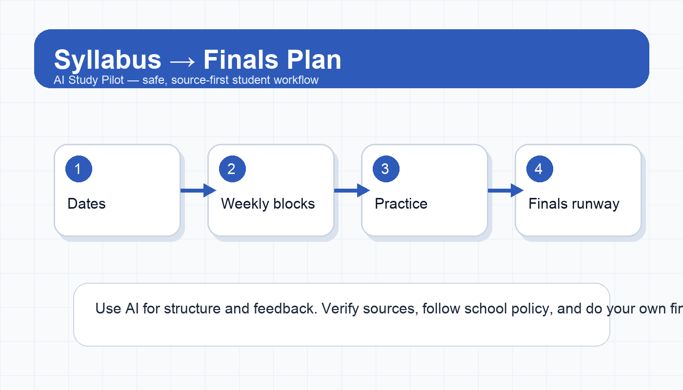 Diagram showing a syllabus turning into weekly study blocks, practice tasks, and finals review checkpoints
