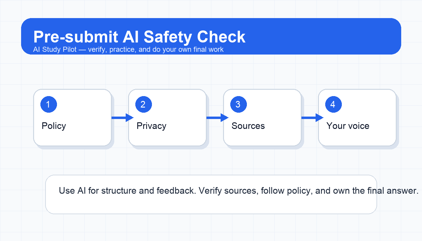 Checklist diagram showing policy, privacy, sources, citations, and final human review before submitting schoolwork