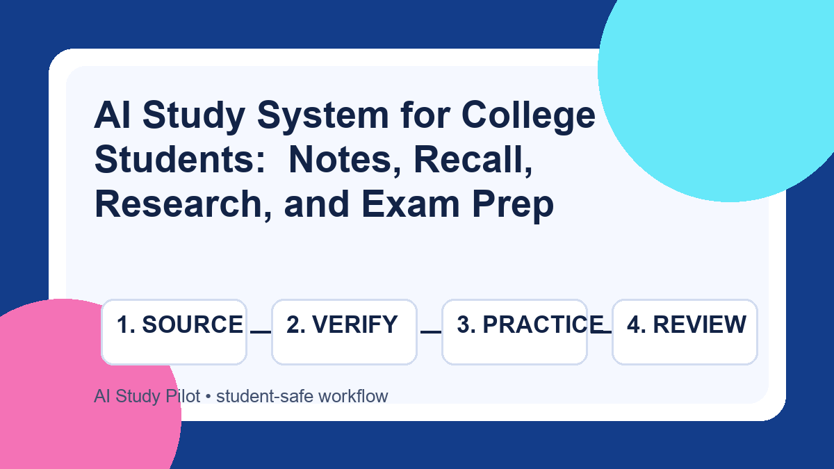 Flow diagram of a safe AI study system moving from class materials to verified notes, active recall, and exam review