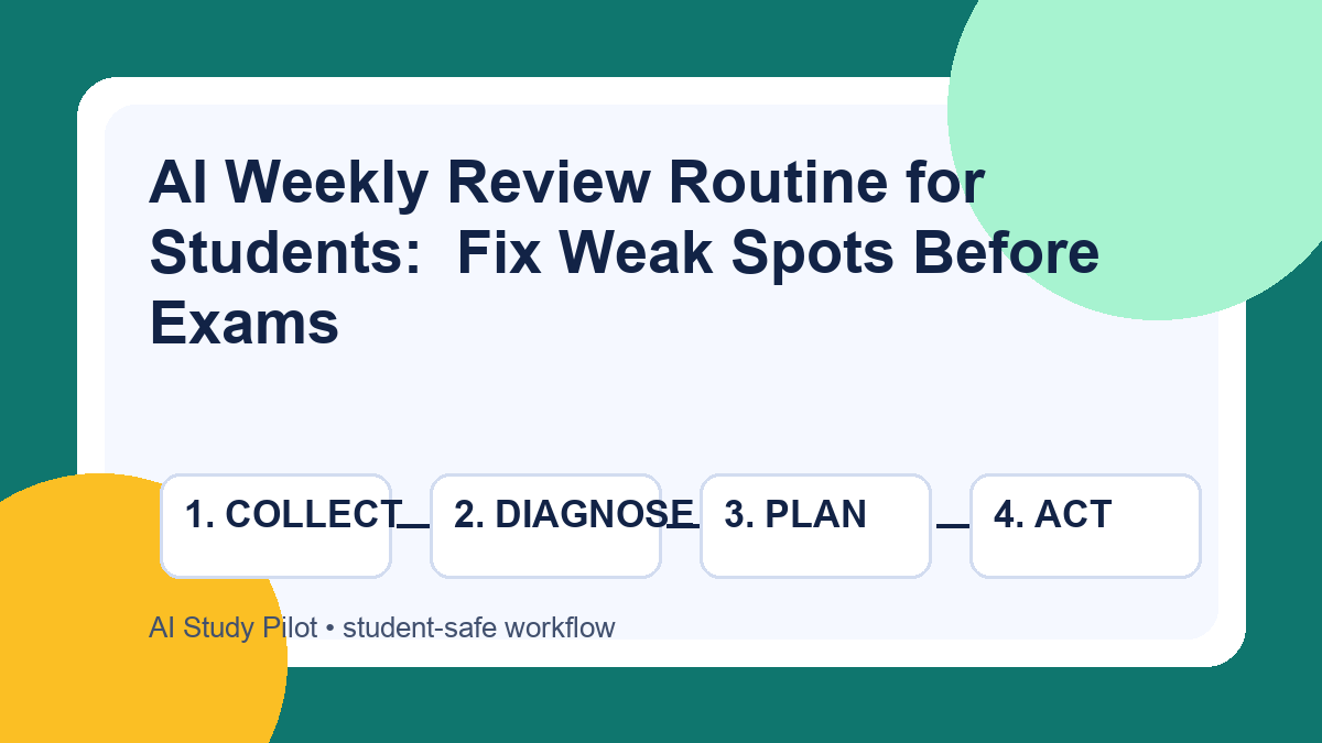 Checklist diagram for a student weekly review routine: collect, diagnose, plan, practice, reset