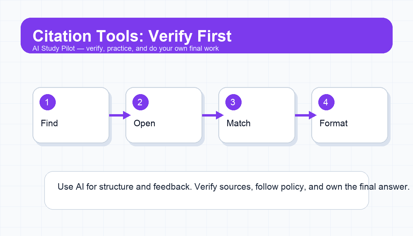 Comparison diagram showing citation tools checked for source existence, quote support, style, and final human review