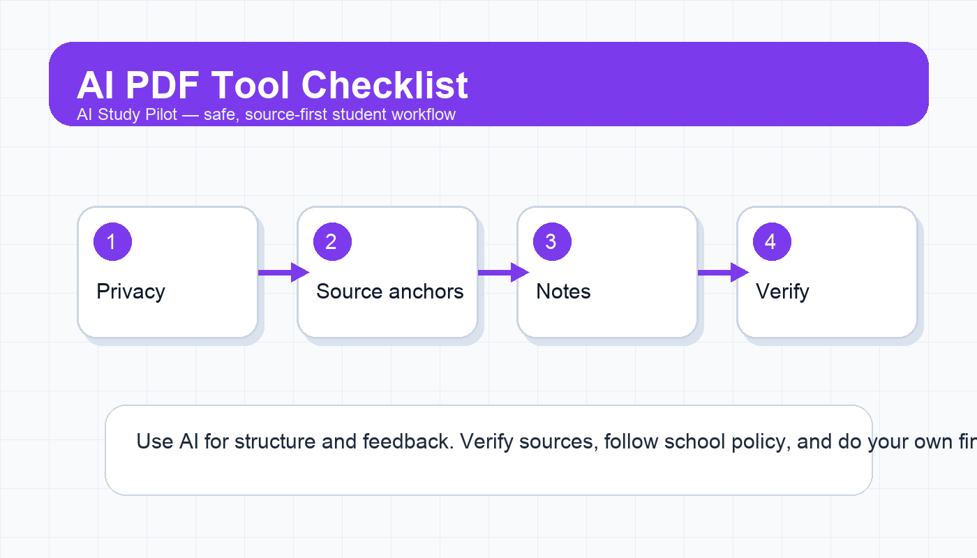 Comparison-style diagram showing student PDF tools evaluated by privacy, source grounding, notes, and review output