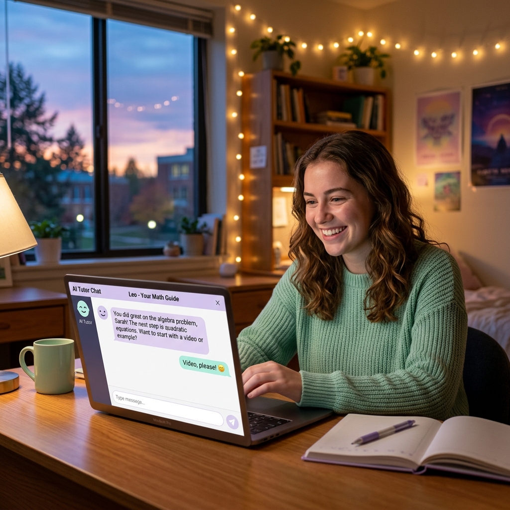 Student smiling at active chat with ChatGPT Study Mode guided tutor