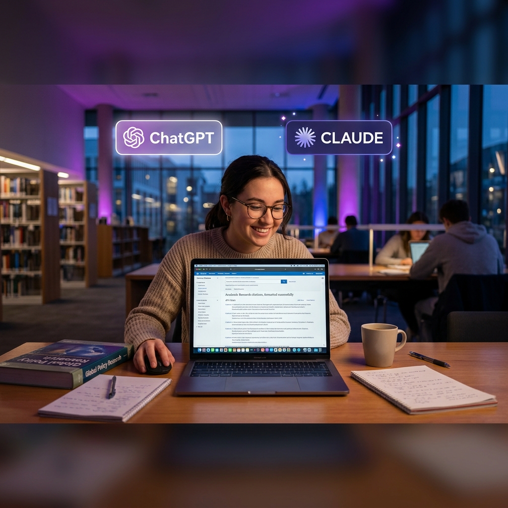 Student checking citation guidance and AI use notes before submitting a paper