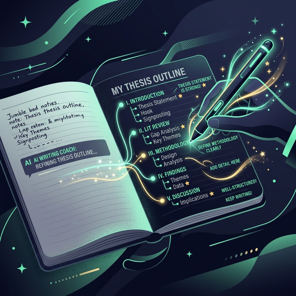 Flat vector 2D graphic design representing AI essay feedback and outline coach