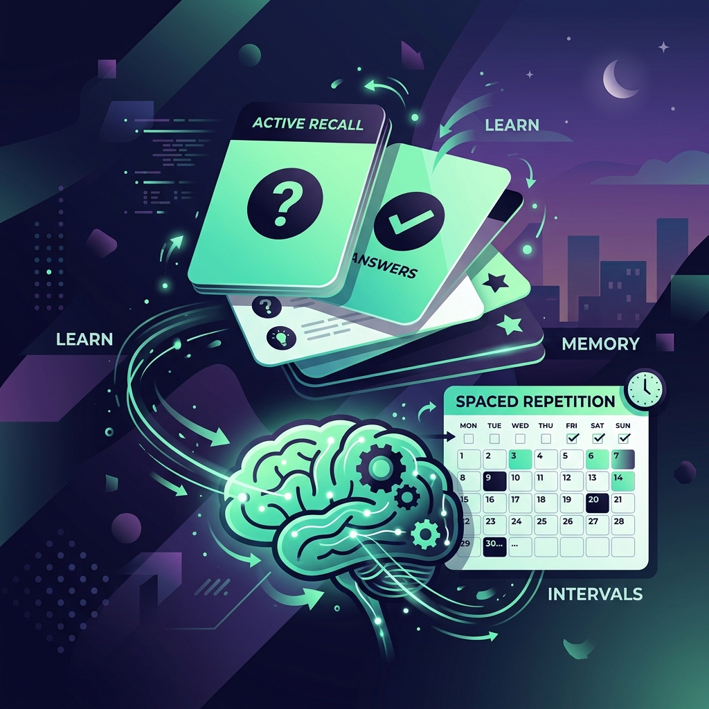 2D flat vector design showing floating active recall flashcards and spaced repetition