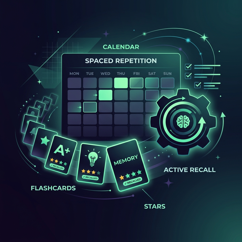 2D vector illustration of Anki flashcards and spaced repetition calendar planner