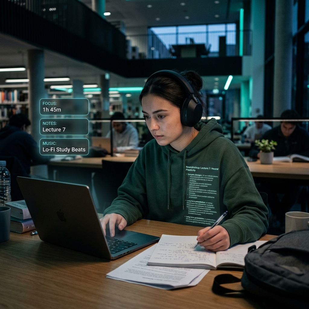 Student studying lecture transcripts and organizing study notes with AI