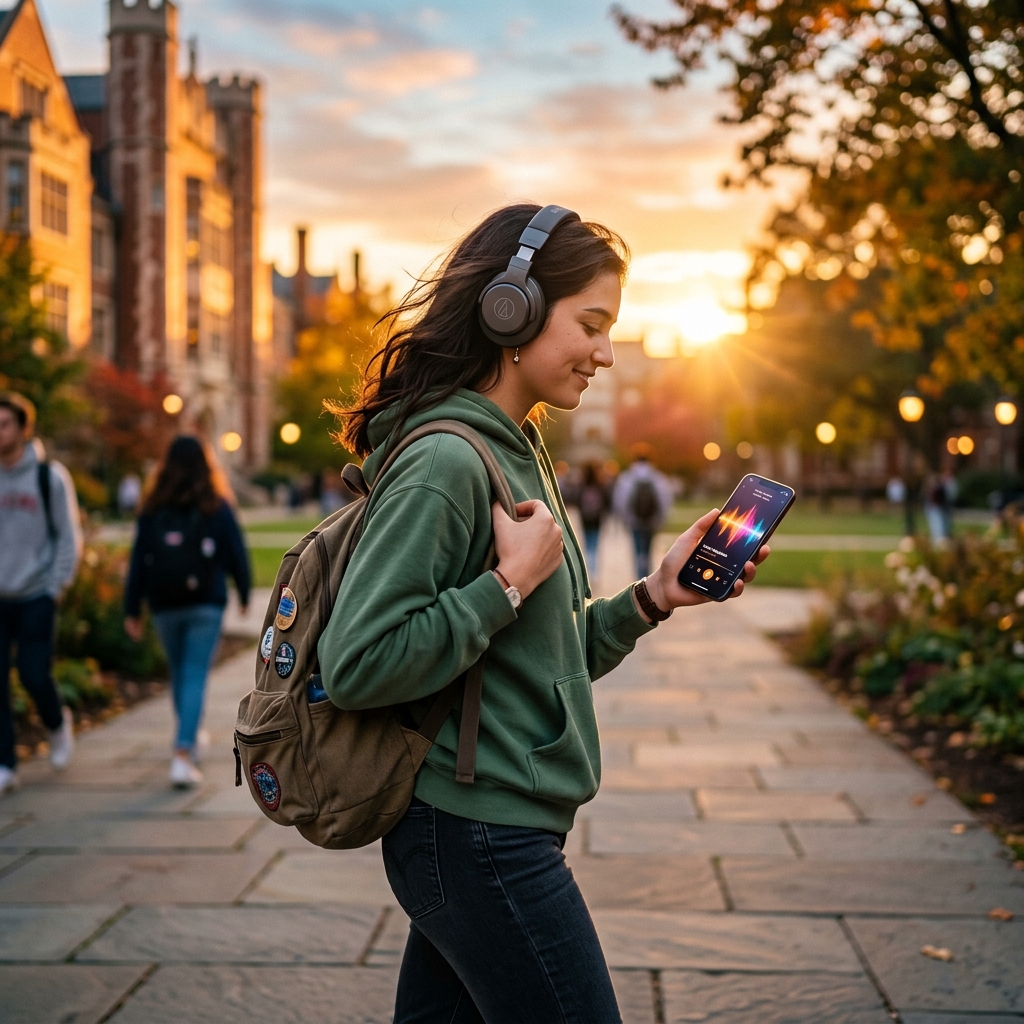 Student walking on campus and listening to a study podcast using headphones