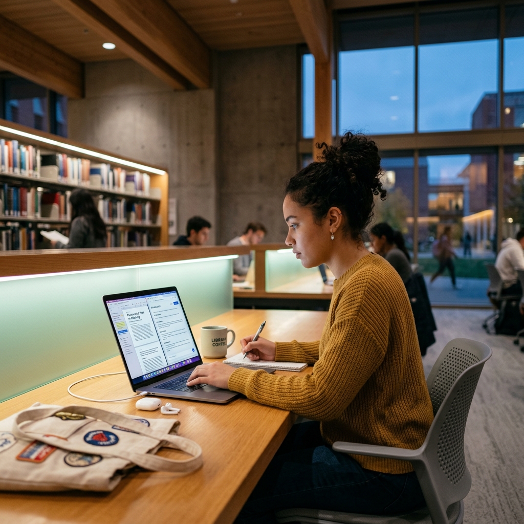 Student analyzing class readings and sources in NotebookLM library setting