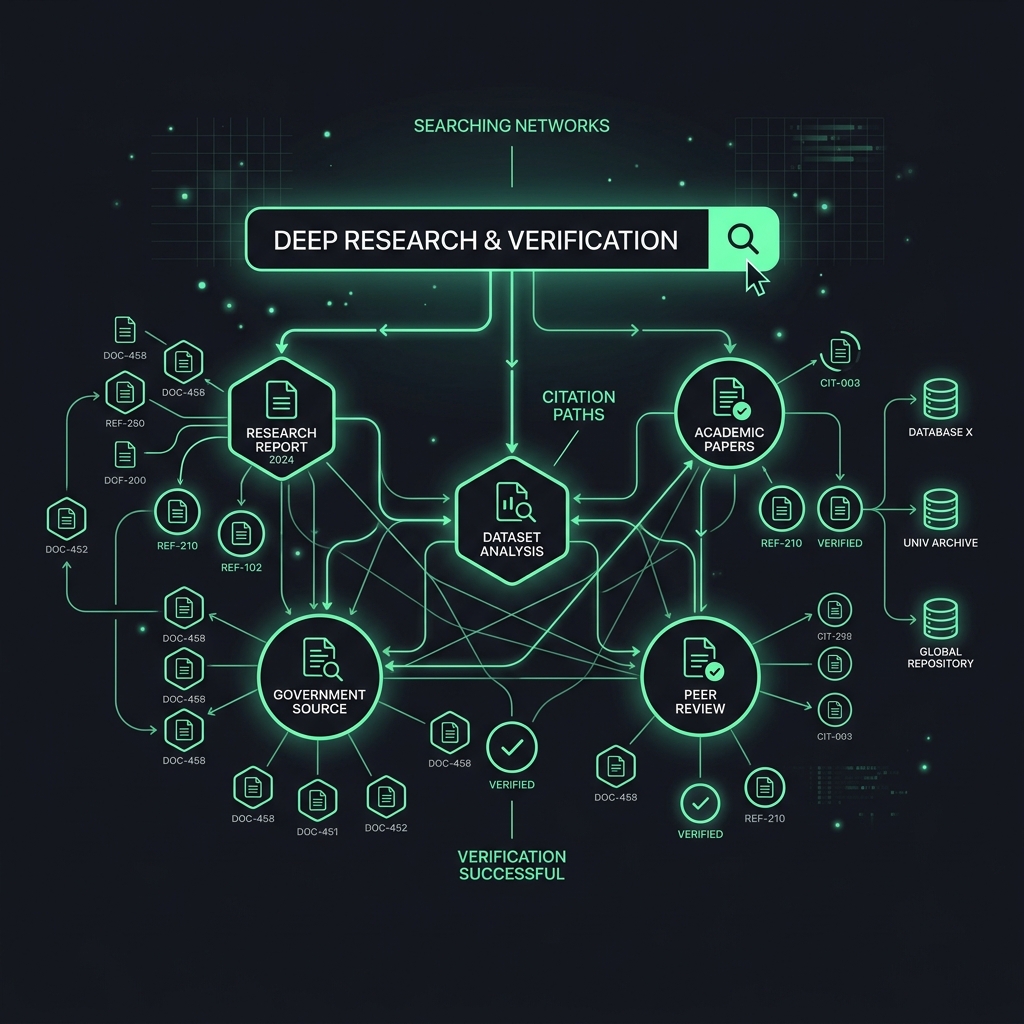 2D minimalist vector graphic showing research search bar and interconnected document nodes