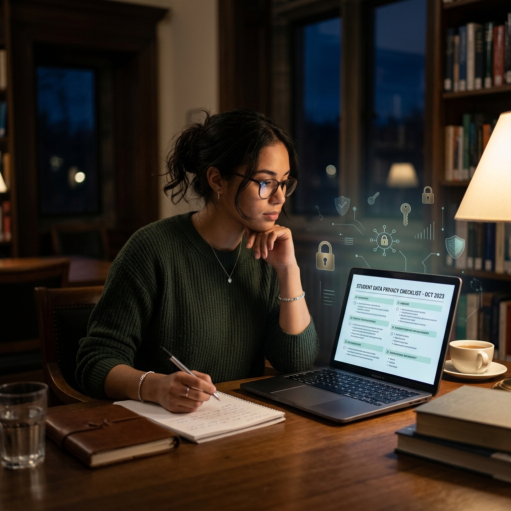 Student reviewing a privacy checklist on laptop before uploading files to AI