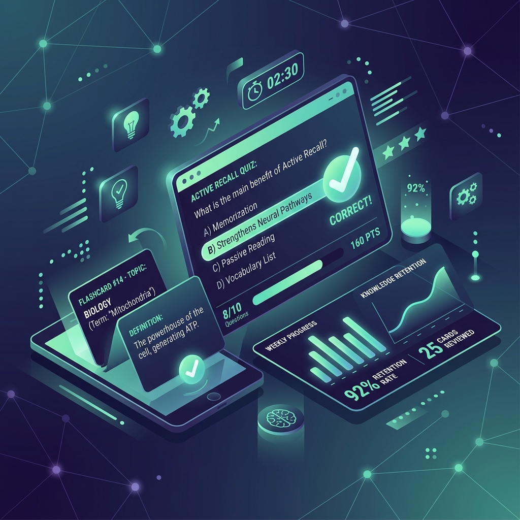 Isometric 2D vector illustration representing active recall quiz and flashcards created by AI