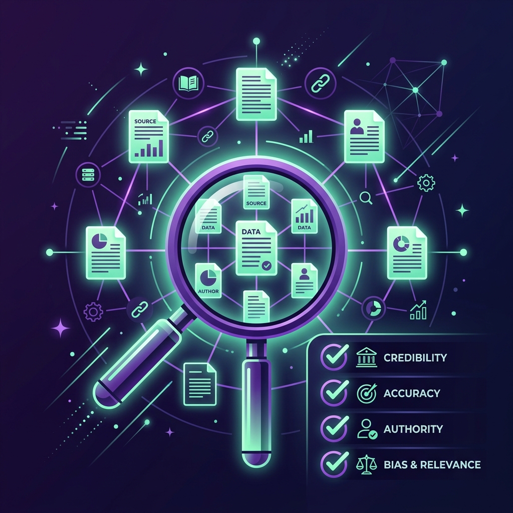 2D graphic design illustration representing AI source evaluation and credibility checklist