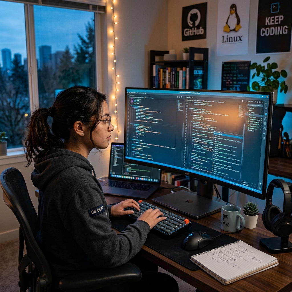 Female CS student learning programming with the help of a free AI coding assistant