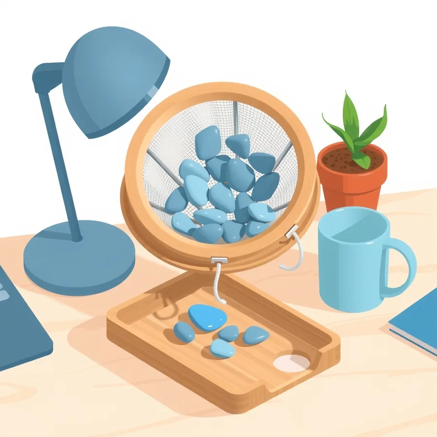 A round wooden-rimmed mesh sieve holding a heap of blue pebbles, tilted above a rectangular wooden tray in which only five small blue pebbles have collected, on a light wooden desk between a blue desk lamp, a terracotta pot with a green plant and a pale blue mug
