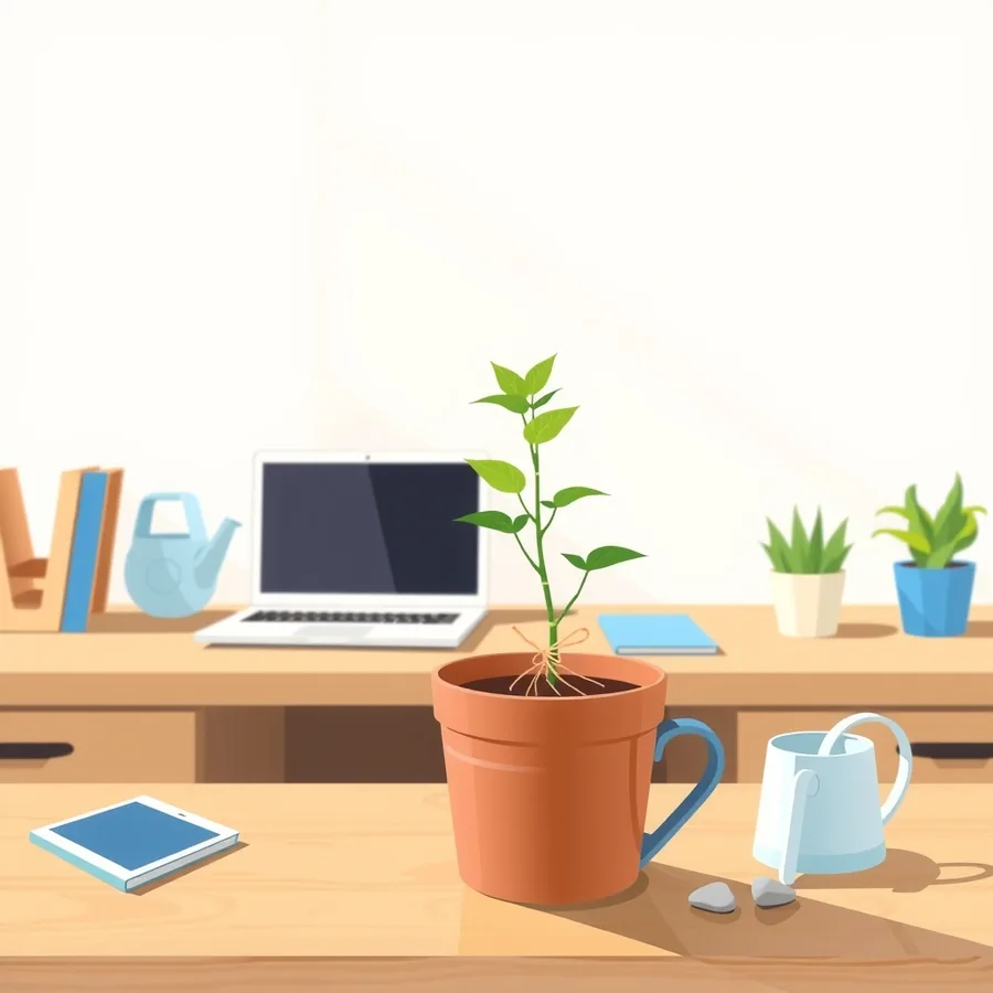A green seedling in a terracotta pot with twine tied around its base, on a sunlit wooden desk beside a pale blue watering can, with a laptop showing a blank dark screen, books, a tablet and two small potted plants on the shelf behind