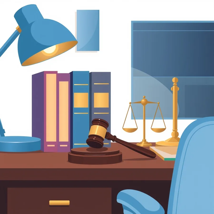A wooden judge's gavel resting on its round sound block beside a stack of three closed hardcover law books and a small brass scale on a dark wood desk, with a warm desk lamp glowing out of focus behind them