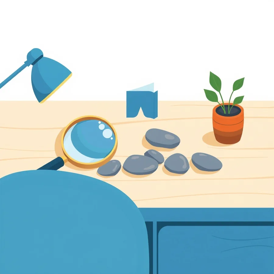 A gold-rimmed magnifying glass with a pale blue lens lying on a light wooden desk beside a loose cluster of six smooth grey stones, with a blue desk lamp at the left, a small open blue book standing upright behind the stones, a green plant in a terracotta pot at the right and the back of a blue chair in the foreground