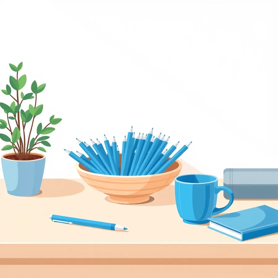 A pale wooden desk holding a light wooden bowl crammed with about twenty identical blue pens standing upright, one single blue ballpoint pen lying alone on the desk in front of the bowl, a blue ceramic mug, a closed blue notebook and a small green plant in a light blue pot