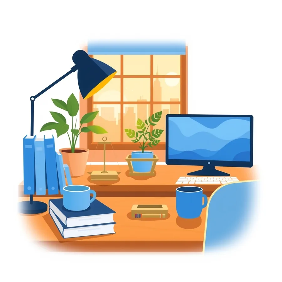 Illustration of a warmly lit wooden desk holding a small brass balance scale, stacked books, two blue mugs, potted plants, a desk lamp and a monitor showing an abstract blue screen, with a city skyline through the window