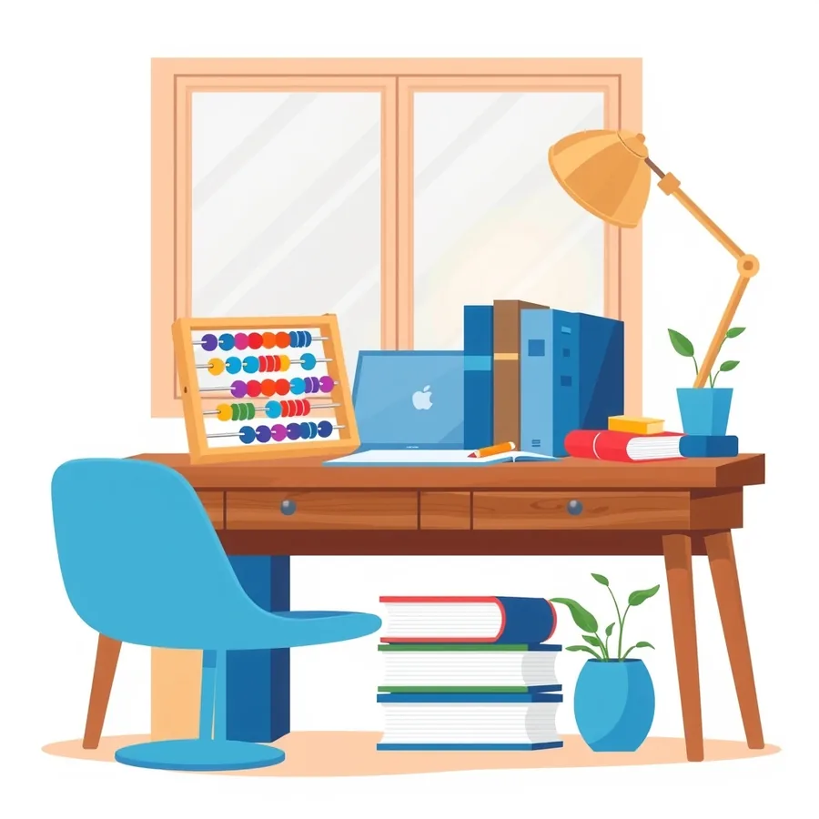 A wooden abacus with coloured beads on a walnut desk beside a stack of hardback books, a brass pencil and a small potted fern, lit by a warm desk lamp