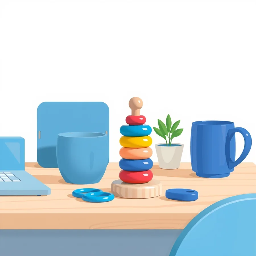 A wooden stacking-ring toy with six red, blue, yellow and orange rings on its peg standing on a light wooden desk, two loose blue rings lying beside it, between a pale blue cup, a small potted plant, a dark blue mug and the corner of a laptop with a blank screen