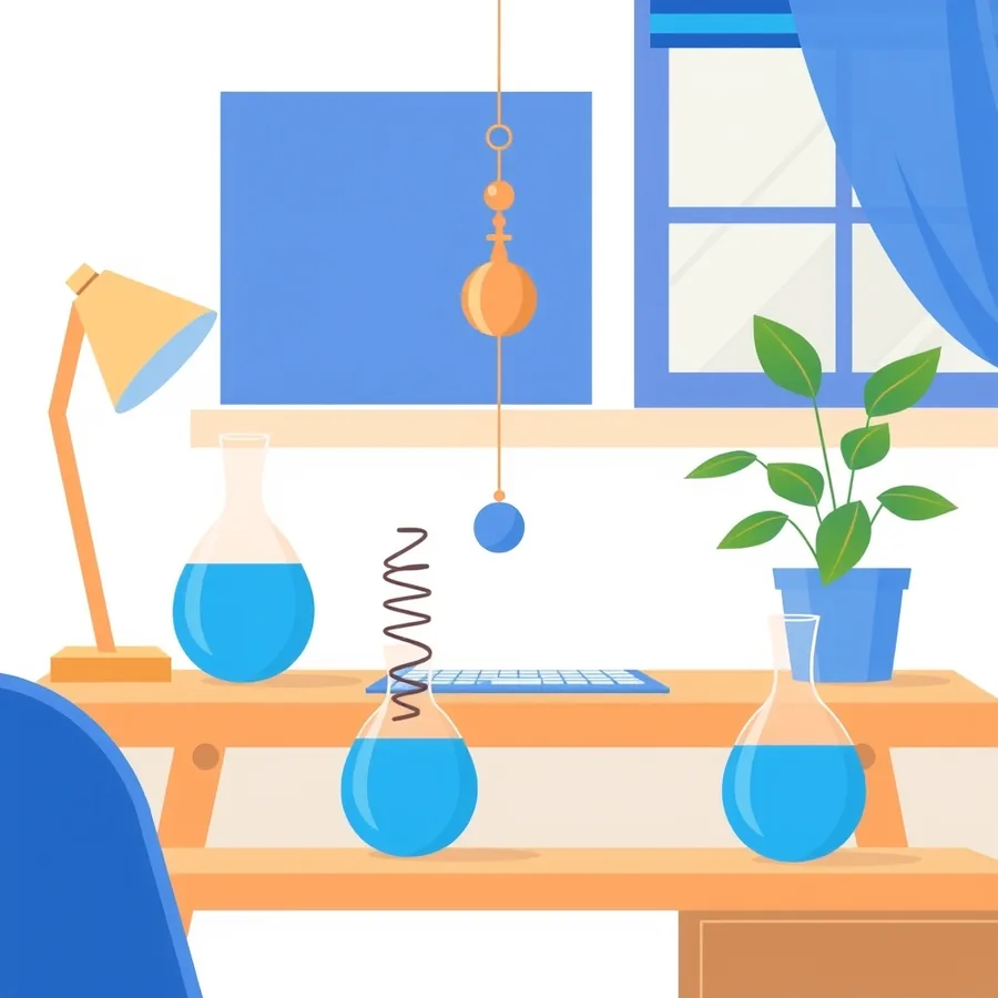A brass pendulum on a long cord hanging above a wooden desk holding three round flasks of blue liquid, a dark coiled spring, a keyboard, a desk lamp and a potted plant beside a window
