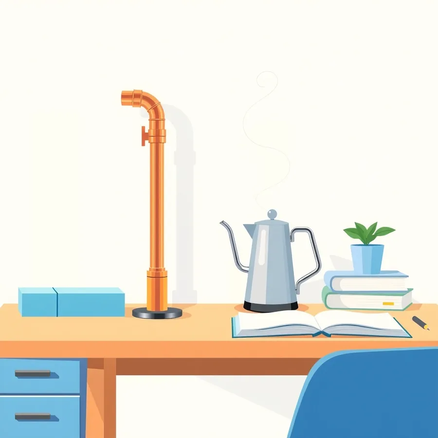 A vertical copper pipe with an elbow bend standing on a wooden desk beside a steel gooseneck kettle giving off a wisp of steam, an open blank notebook, a pen, a stack of books topped with a small potted plant, and a blue chair