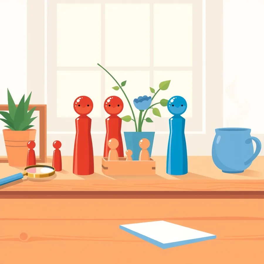 Red and blue wooden peg figurines of different sizes standing on a wooden desk in front of a bright window, with three small plain wooden figures in a shallow tray, a potted aloe, a brass magnifying glass, a blue flowering plant and a blue mug