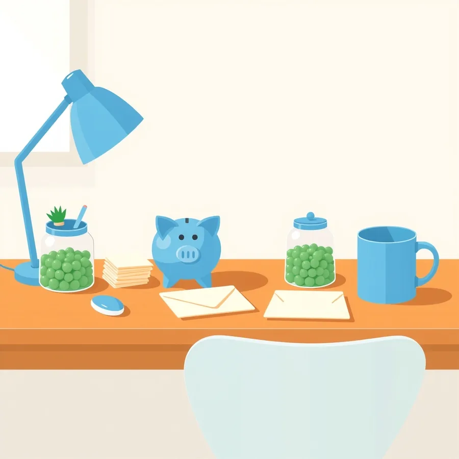 A blue ceramic piggy bank on an orange wooden desk between two glass jars of green beads, beside two blank cream envelopes, a stack of cream cards, a blue desk lamp, a blue mug and a pale chair back