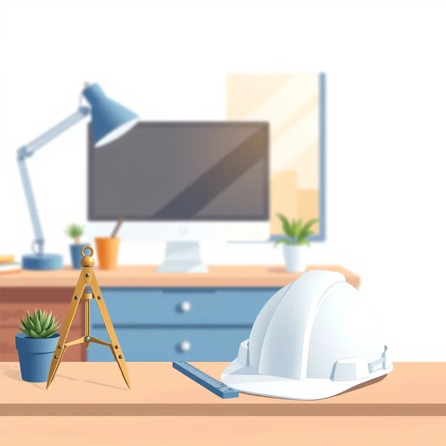 A brass drafting compass, a blue ruler and a white hard hat on a wooden desk beside a small potted succulent, with a blank monitor and desk lamp out of focus behind them