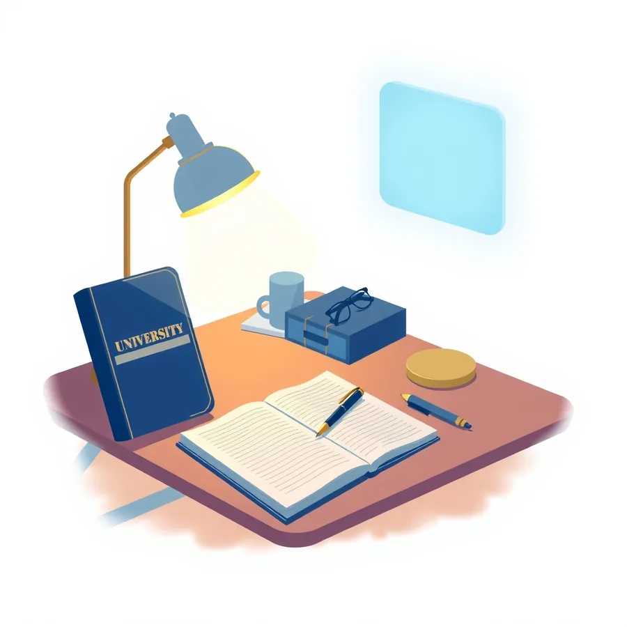 A lit desk lamp over an open handwritten notebook, a fountain pen, glasses and a university book propped against the desk